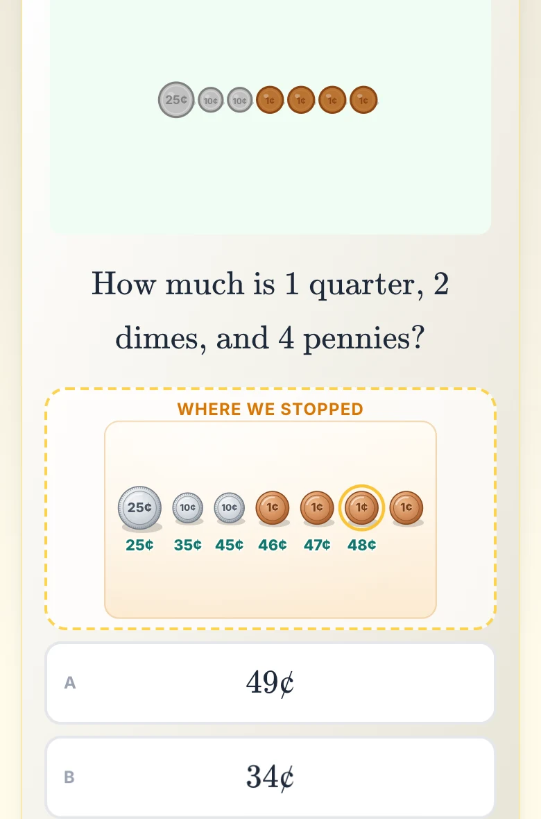 Back on the problem card, the counted coins sit above the answer choices under the heading Where we stopped.