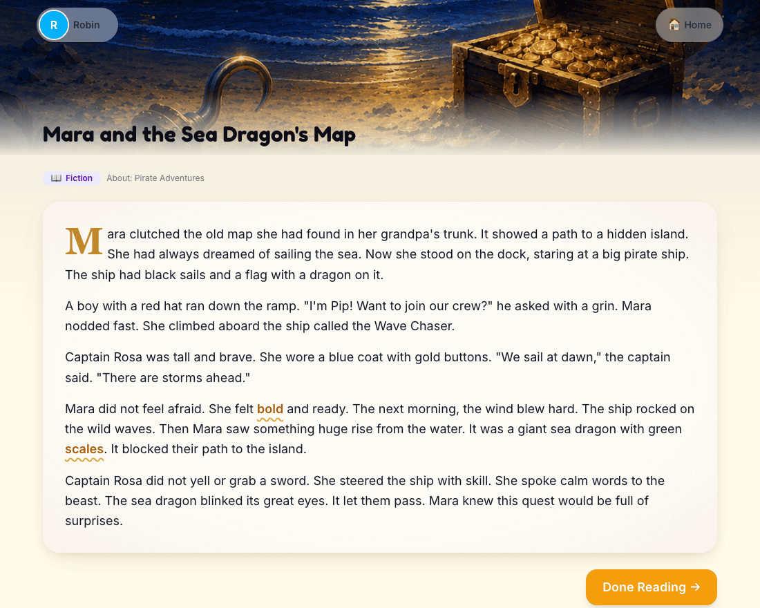 A Sunny story, Mara and the Sea Dragon's Map, with the vocabulary words bold and scales underlined.